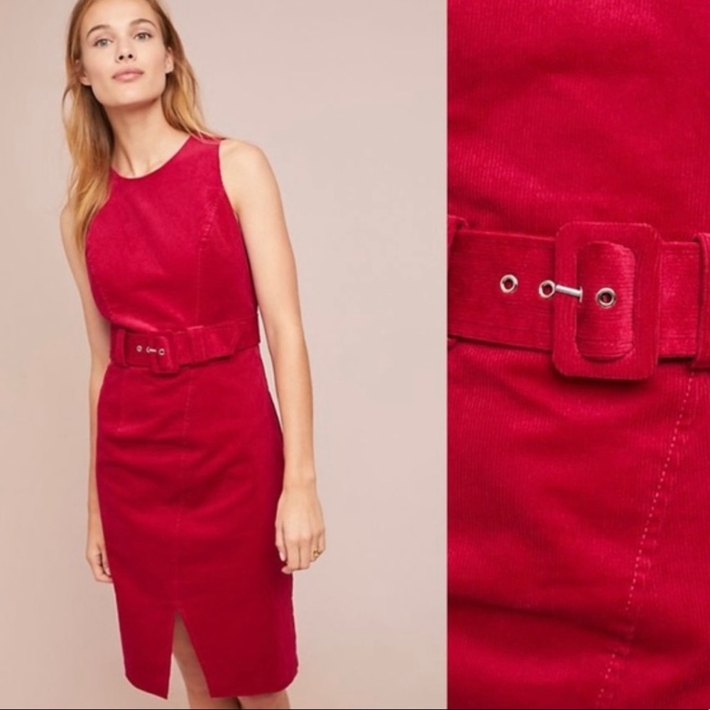Anthropologie Adria Moss Belted Corduroy Pencil Dress Sheath Sz 2 Pink Burgundy